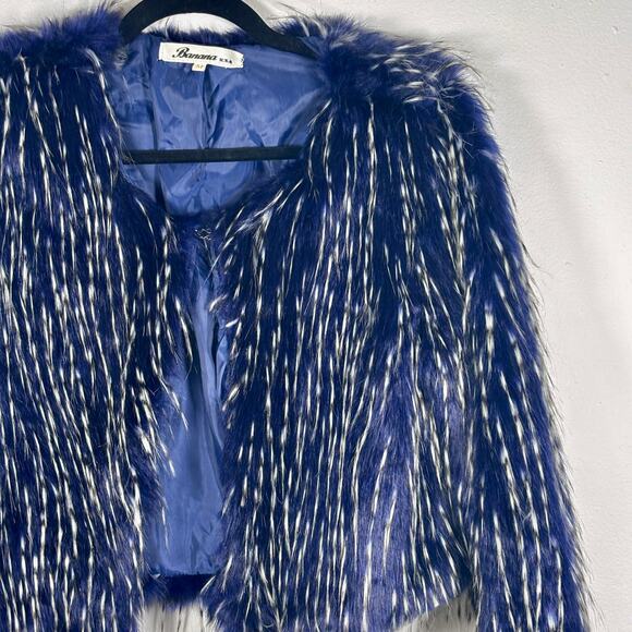 Navy Blue & White Faux Fur Jacket Cardigan Banana U.S.A. Size M Pre-Loved - Picture 3 of 14